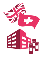 Drapeaux britannique et suisse sur le bâtiment de l'hôpital